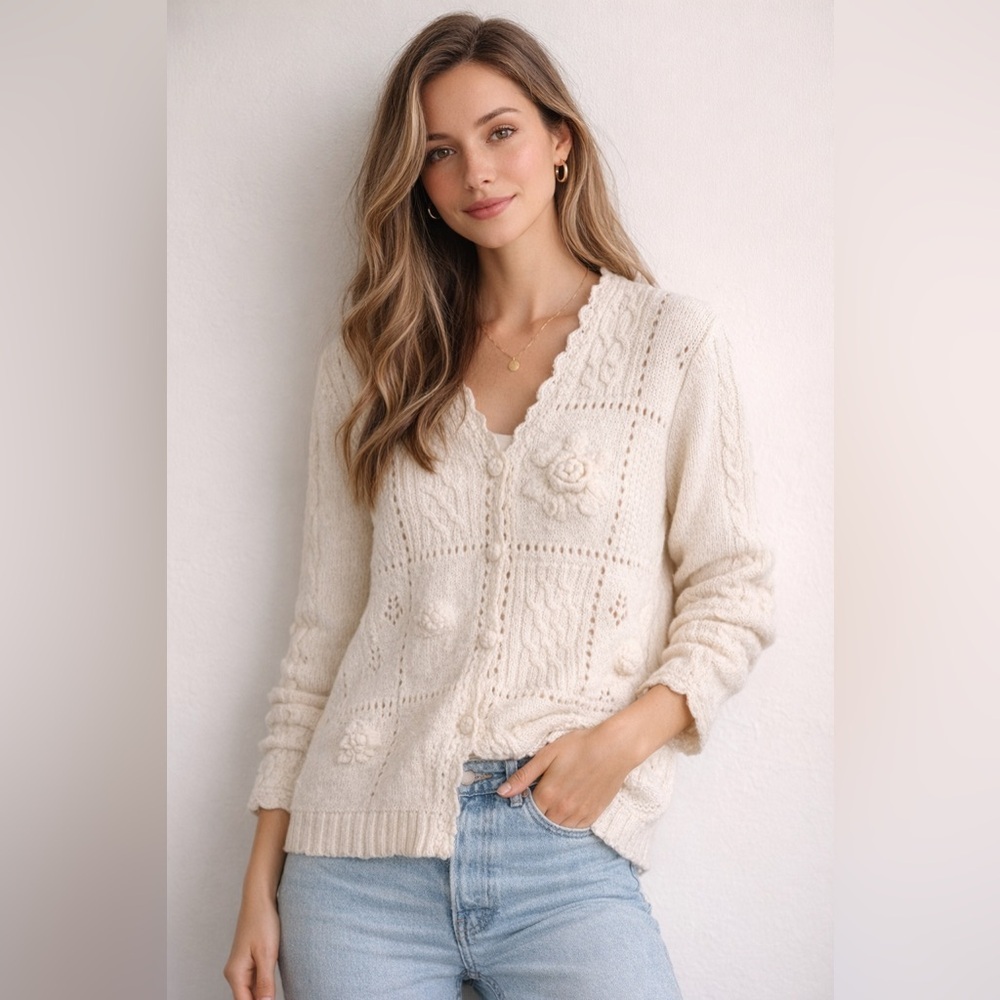 Women's Cream Knit Floral Cardigan Sweater